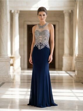Prom ready Tiffany Designs Embellished Navy/Silver Gown